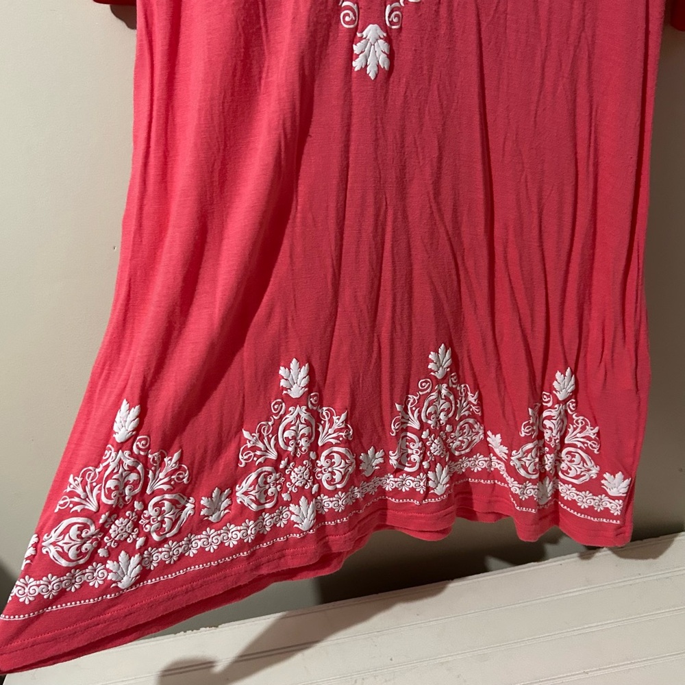 Boho Women’s Dress XL Pink White Mini V-neck Ornate Print Bell Sleeves Stretch - Picture 4 of 8